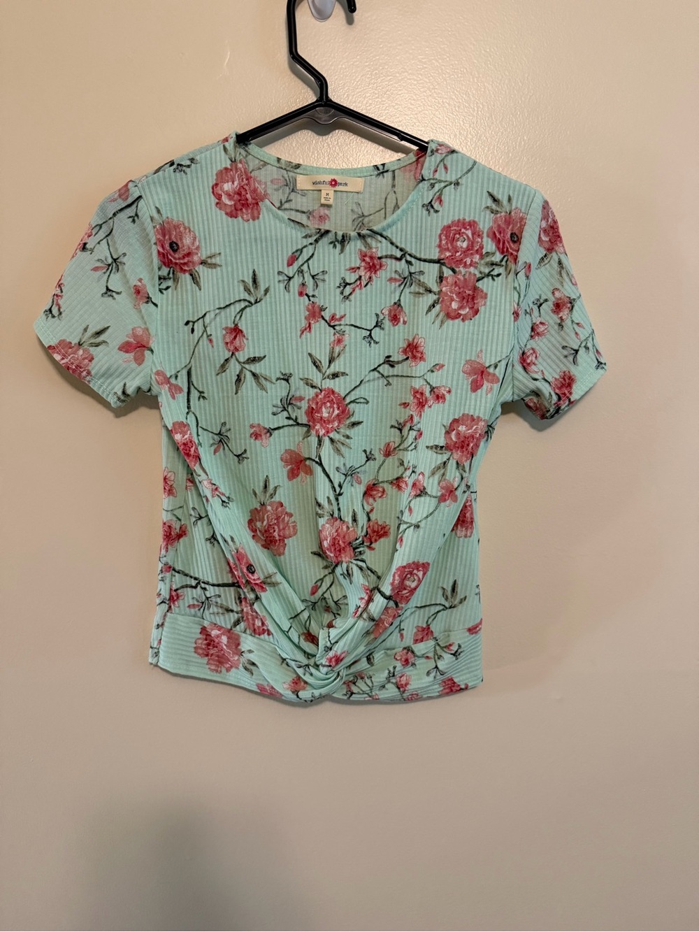 Wishful Park Mint Floral Twist Front Short Sleeve Top